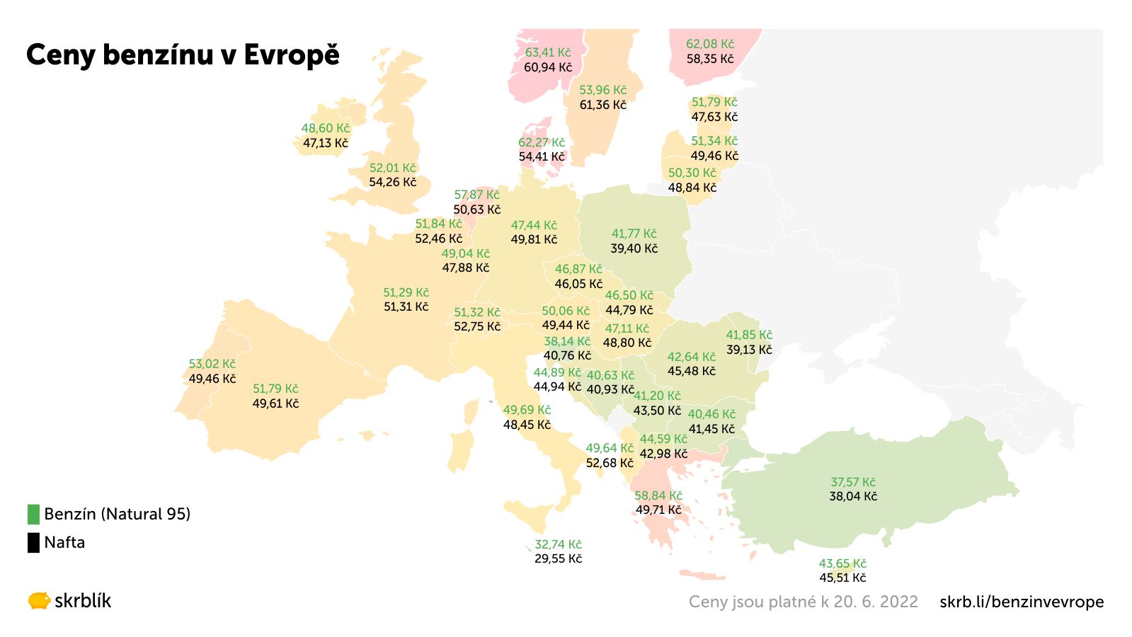 Ceny benzínu v Evropě 2022: V ČR průměr, v Norsku se platí až 63 Kč za litr