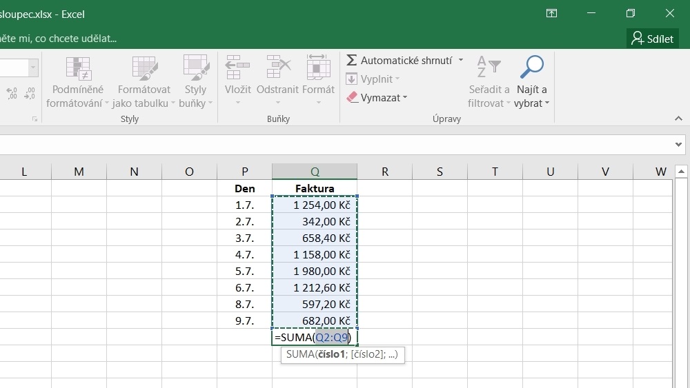 Jak v Excelu sečíst sloupec