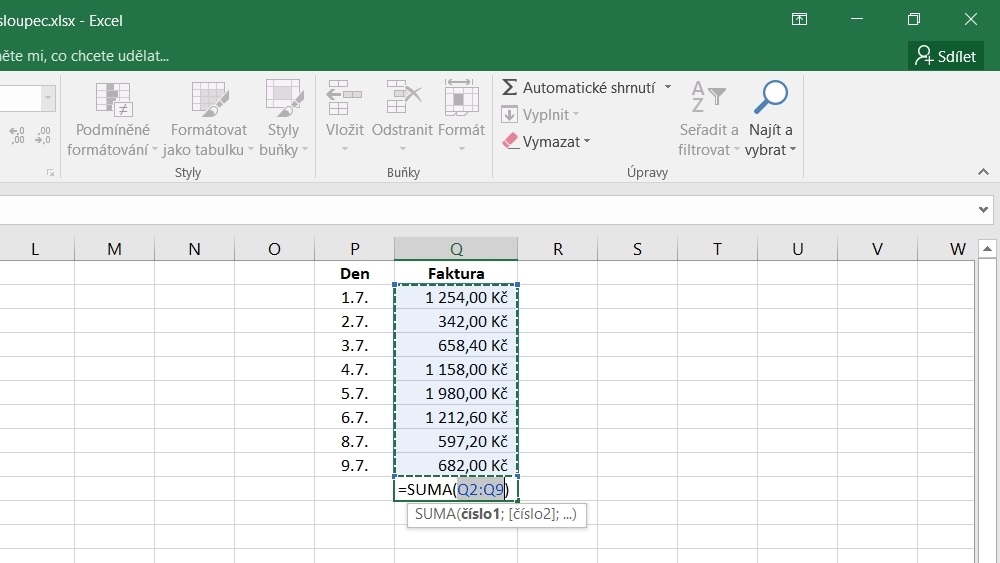 Jak sečtu sloupec v Excelu?