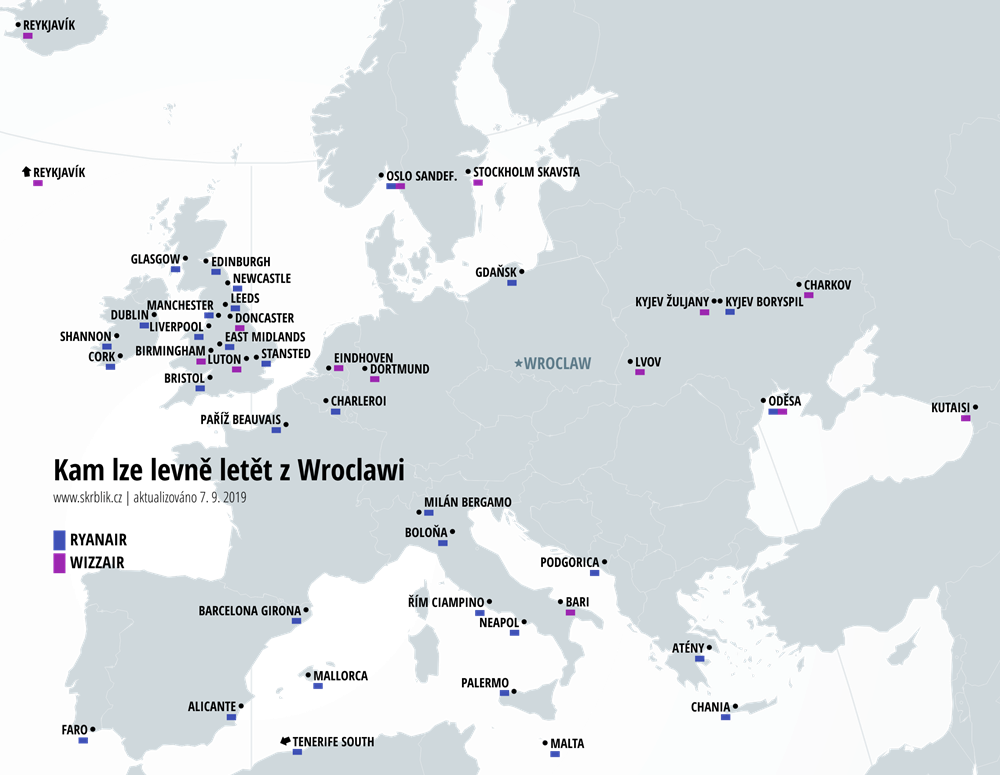 Kam létají nízkonákladové aerolinky z Wroclawi